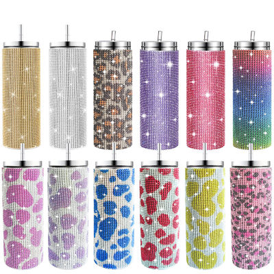 Rhinestone Bling Diamant Glitter en acier inoxydable Thermal Tumbler Parfait pour le café thé eau bière comprend couvercle et paille
