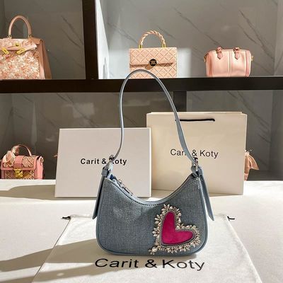 Sac à main en denim en forme de cœur élégant pour femmes à poignée unique Fermeture à fermeture à glissière doublure en coton