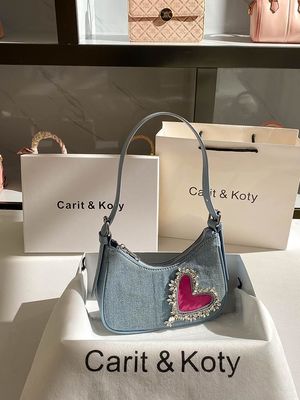Sac à main en denim en forme de cœur élégant pour femmes à poignée unique Fermeture à fermeture à glissière doublure en coton