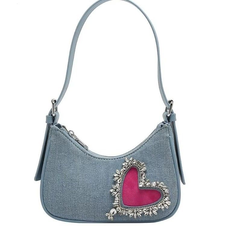 Sac à main en denim en forme de cœur élégant pour femmes à poignée unique Fermeture à fermeture à glissière doublure en coton